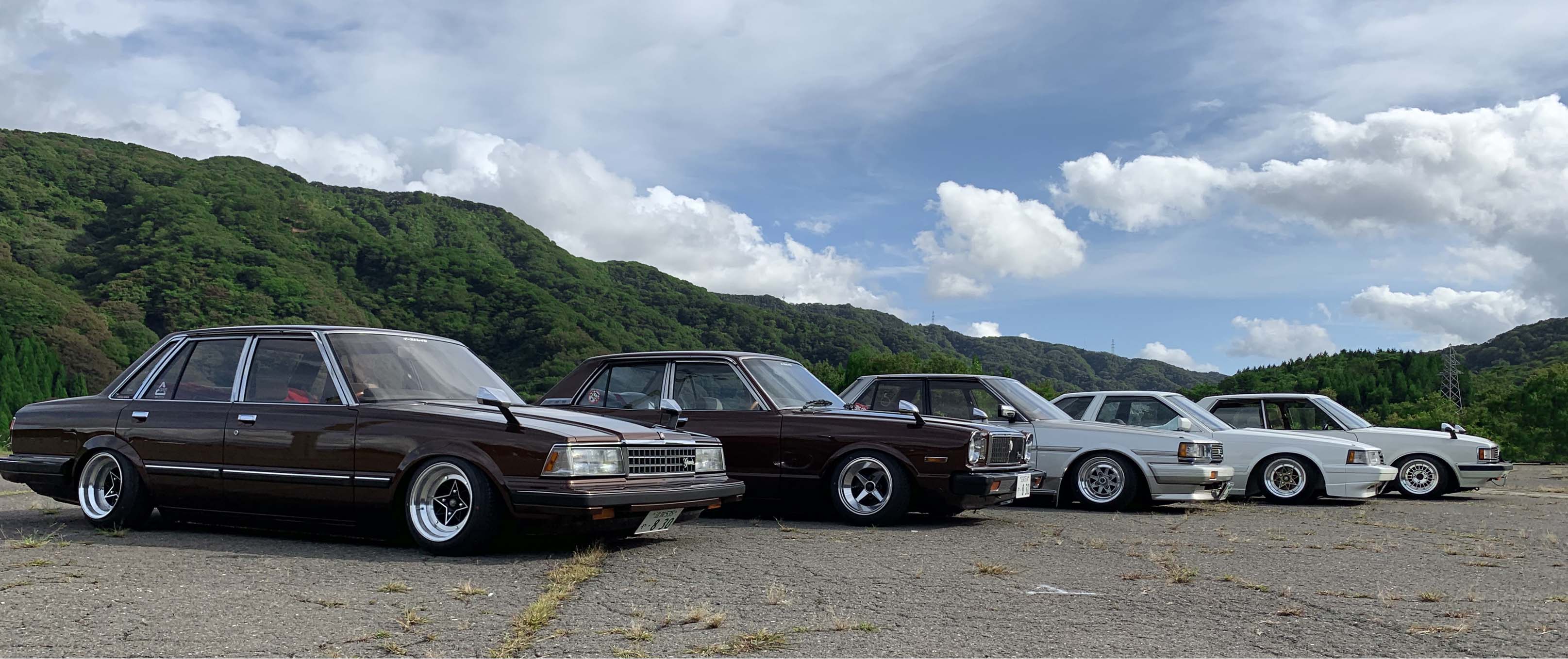 山を背景に並ぶEAST LAKEの車両